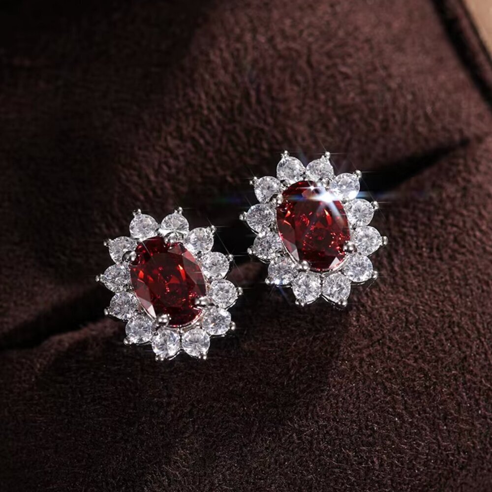 18k White Gold Ruby Diamond Earrings Oval Cut Earrings